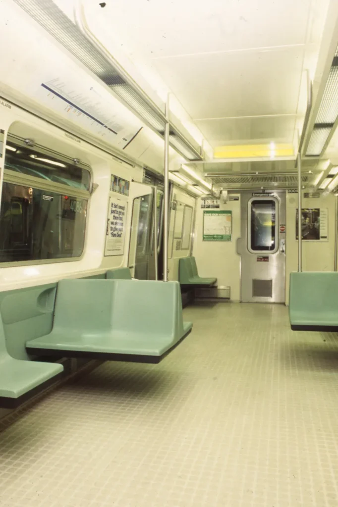 Blue seats in an R110B car