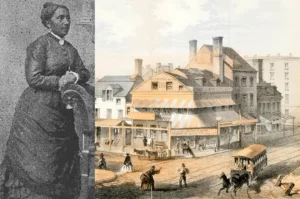 Black and white sketch of Elizabeth Jennings Graham aligned with color sketch of New York's streets in 1800s