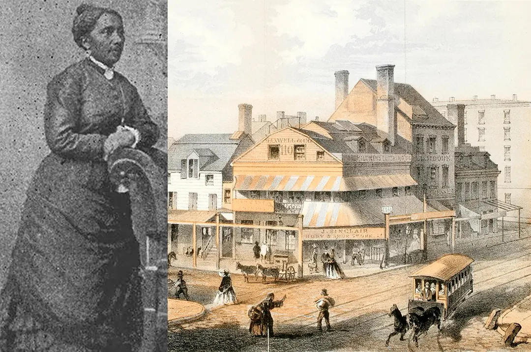 Black and white sketch of Elizabeth Jennings Graham aligned with color sketch of New York's streets in 1800s