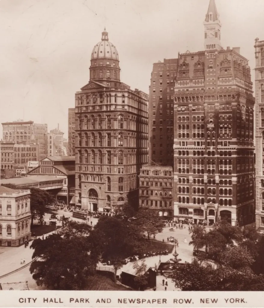 Vintage sepia photo of City Hall Park and Newspaper Row in New York City