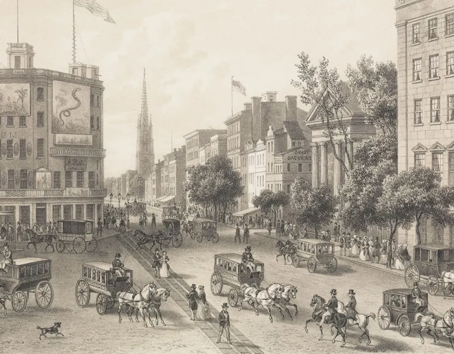 Vintage woodcut of New York City Street Scene