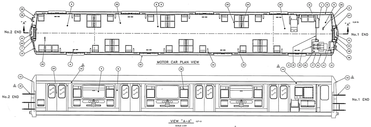 A bird’s eye view of the R110B car, showing the seating arrangements and placement of doors.
