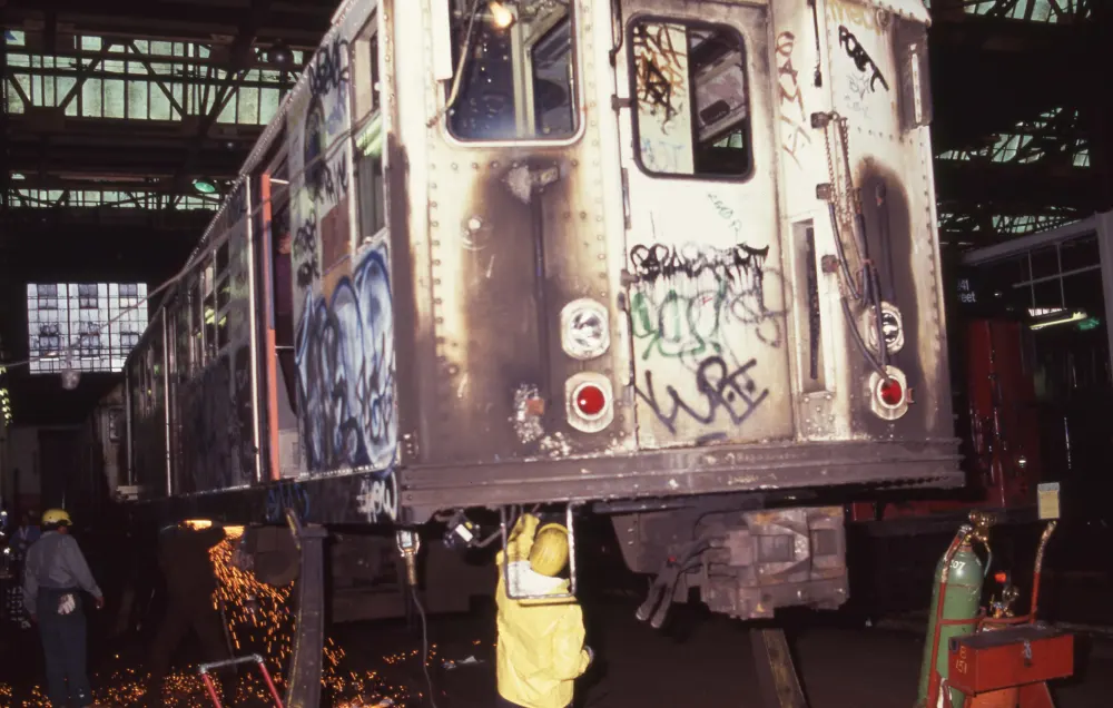 R-33 getting overhauled at 207th Street, 1988