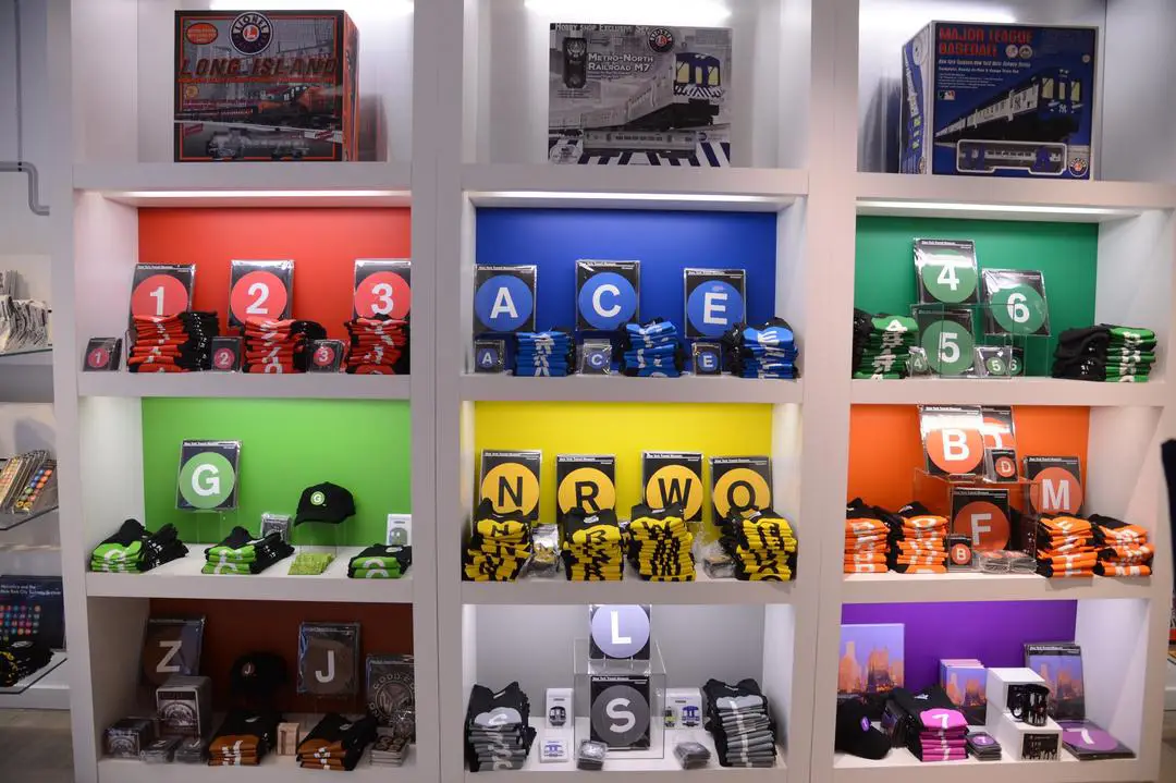 Store shelves with products featuring NYC Subway route indicators