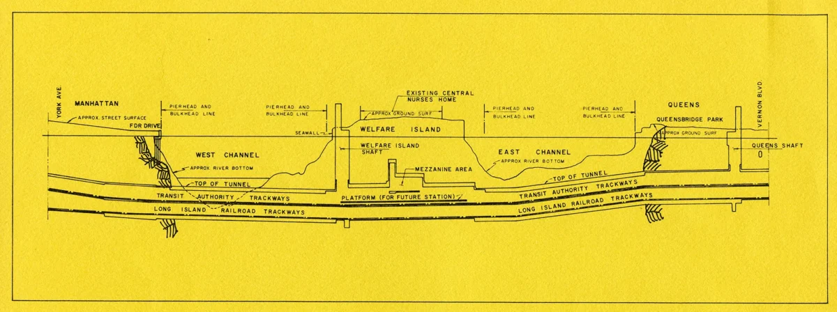 Yellow line drawing of the 63rd Street Tunnel alignment