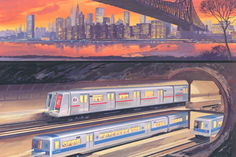 Illustration of subway cars with the New York skyline in the background