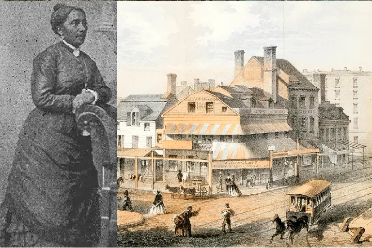 Sketch of Elizabeth Jennings Graham aligned with sketch of New York City, streetcars are visible