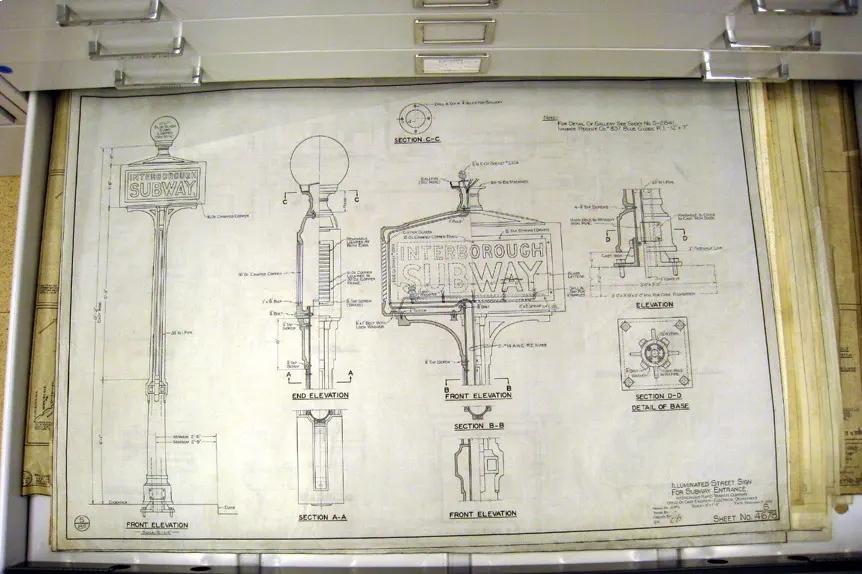 Original blueprint of a subway sign in a curatorial drawer