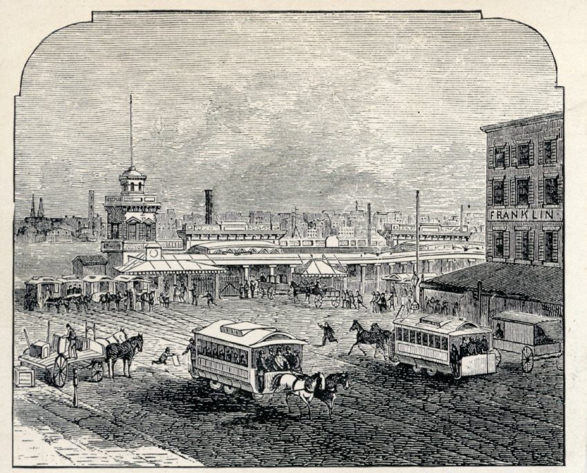 Illustration of Ferry House at Fulton Ferry with horsecars moving along tracks and Ferry terminal and East River in sight.
