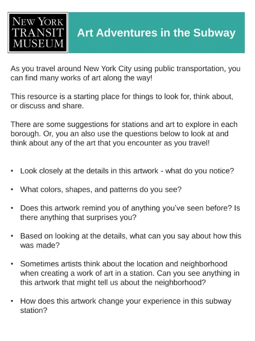 Screenshot of teacher resource for art adventures in the subway