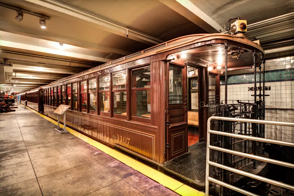 Wooden BU car stationed at the museum in Brooklyn