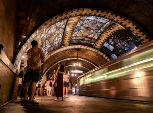 Old City Hall tour participants looking at skylight