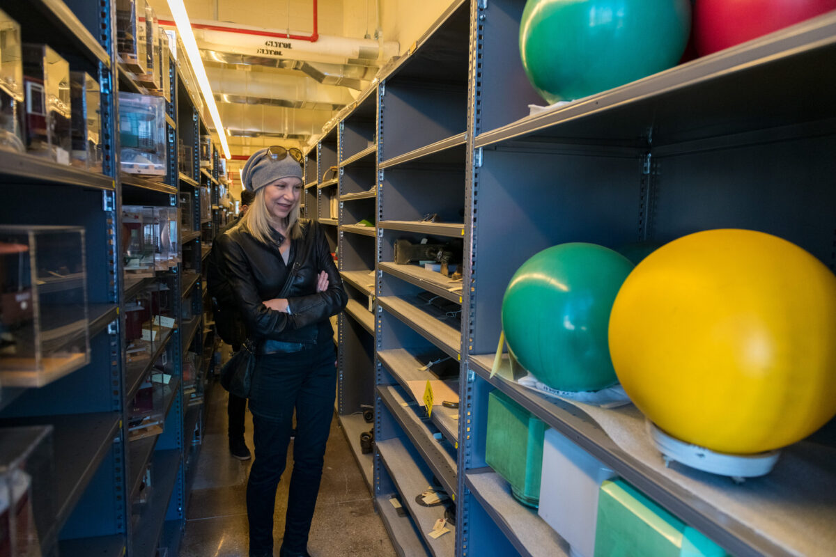 Patrons walk through archive looking at artifacts.
