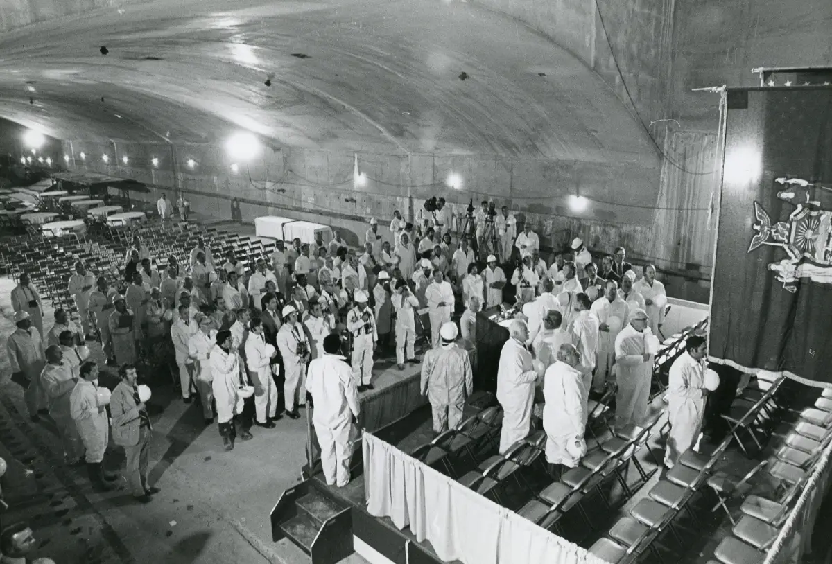 Black and white image of 63rd Street Tunnel holing through ceremony