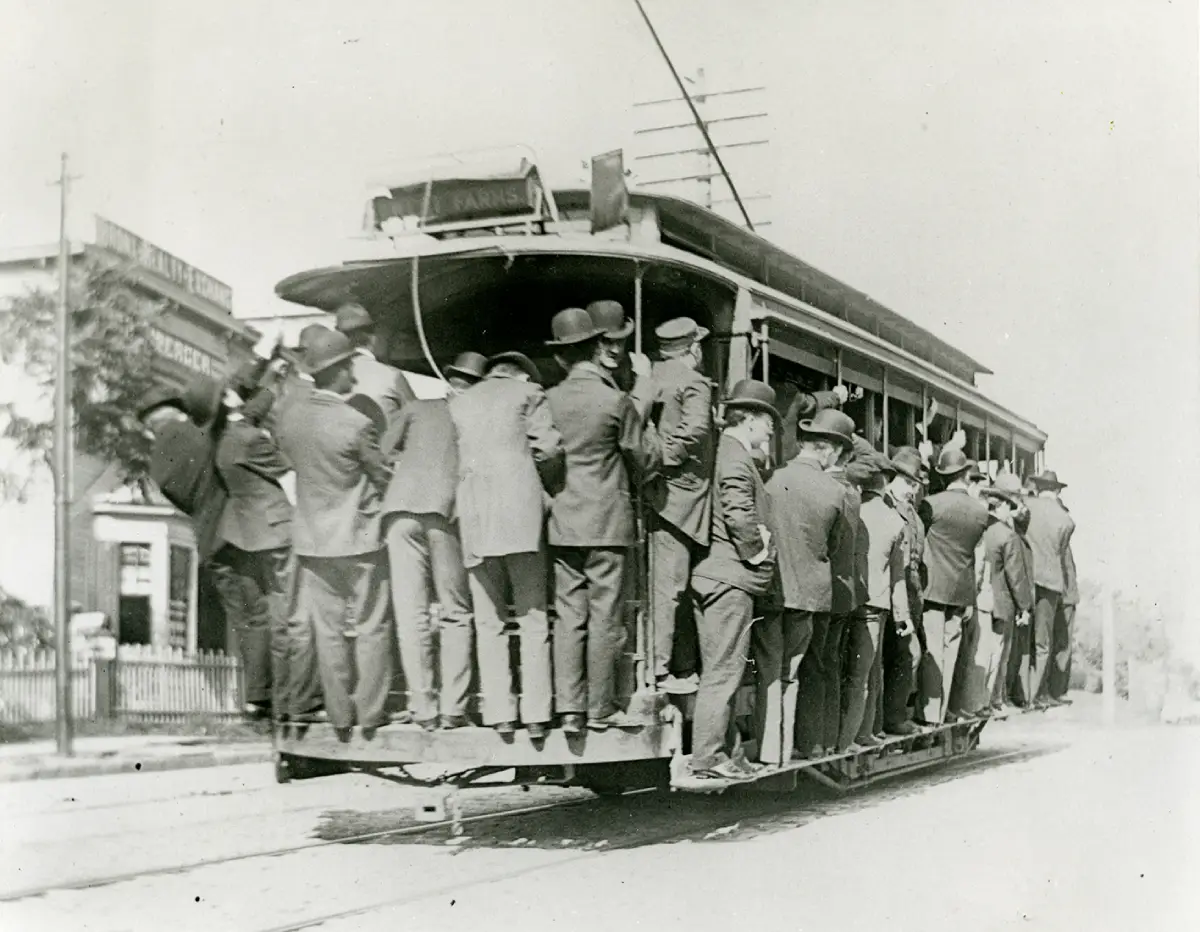Passengers on crowded streetcar