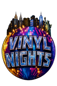 Colorful discoball reads Vinyl Nights with New York skyline above the circle.